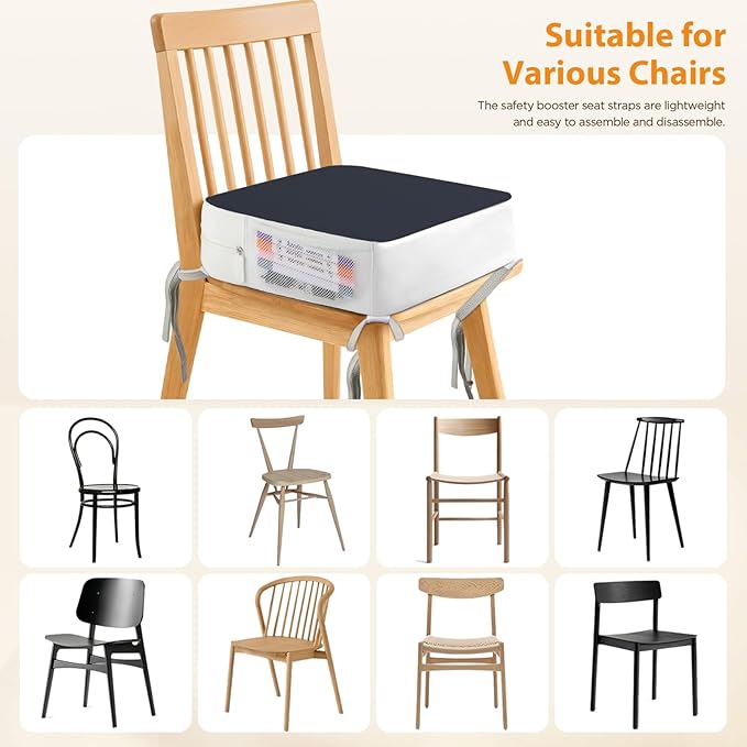 Booster Seat for Kitchen Chair, 3.8" Toddler Booster Seats for Dining Table with Ties, PU Dining Chair Pads with Side Pockets, Non-Slip & Removable Booster Seat for Table Increasing Cushion (Blue)