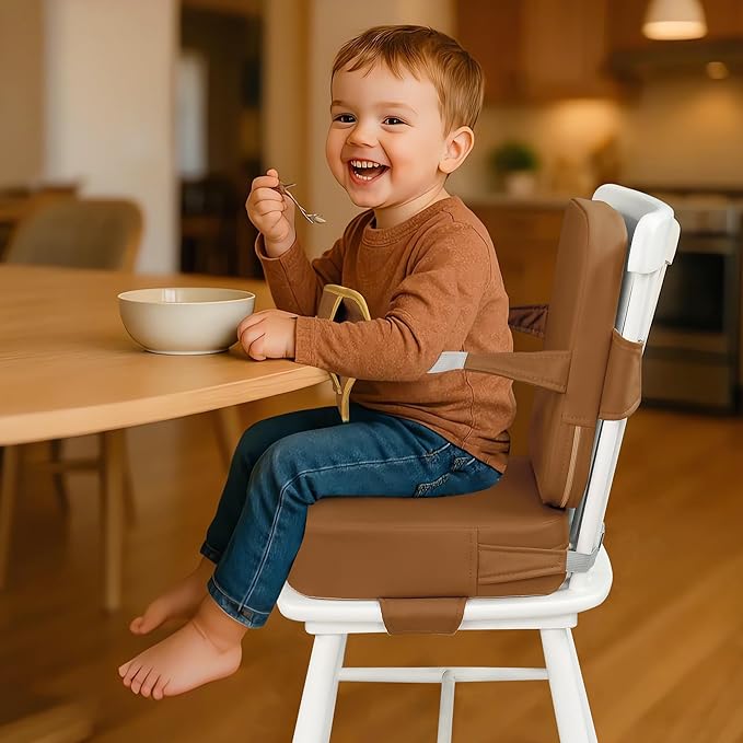 Eiury Toddler Booster Seat for Dining Table – Non-Slip PU Waterproof Cushion with Backrest & Adjustable Straps, Portable Baby Booster Seat (Brown)