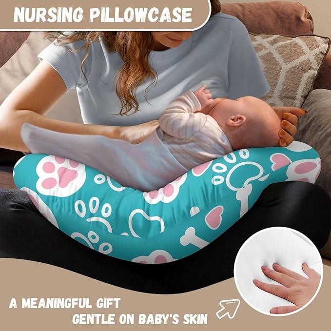 Dog Paw Bone Nursing Pillow Covers with Love Heart Printed for Newborn Breastfeeding Pillow Slipcover for Nursing Pillow U-Shaped Soft and Skin-Friendly Hidden Zipper Design