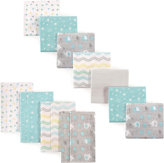 Luvable Friends Unisex Baby Cotton Flannel Burp Cloths and Receiving Blankets, 11-Piece, Basic Elephant, One Size