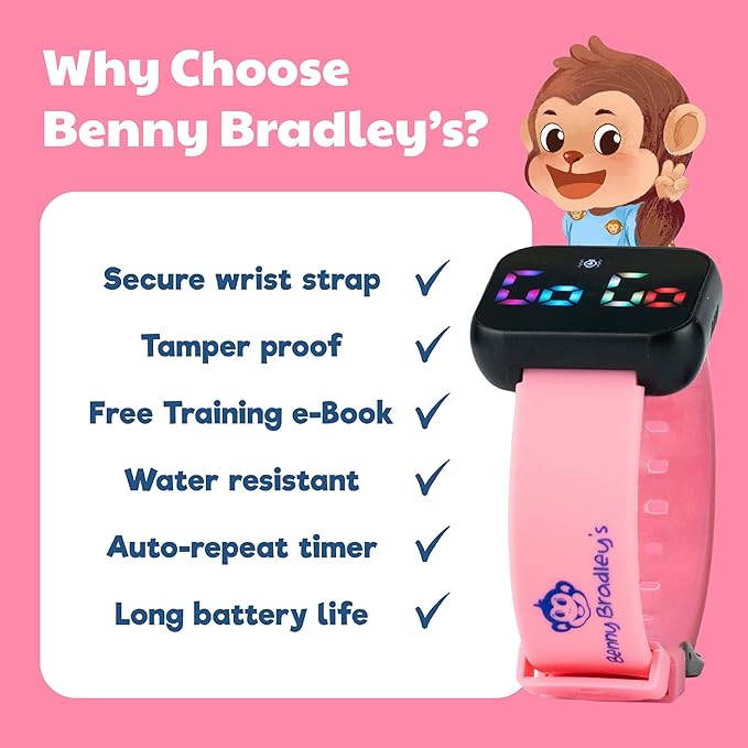Potty Training Watch & Board Book for Kids – A Water Resistant Potty Reminder Device for Boys & Girls - Train Your Toddler with Fun Musical or Vibration Reminders and Printed Board Book (Pink)