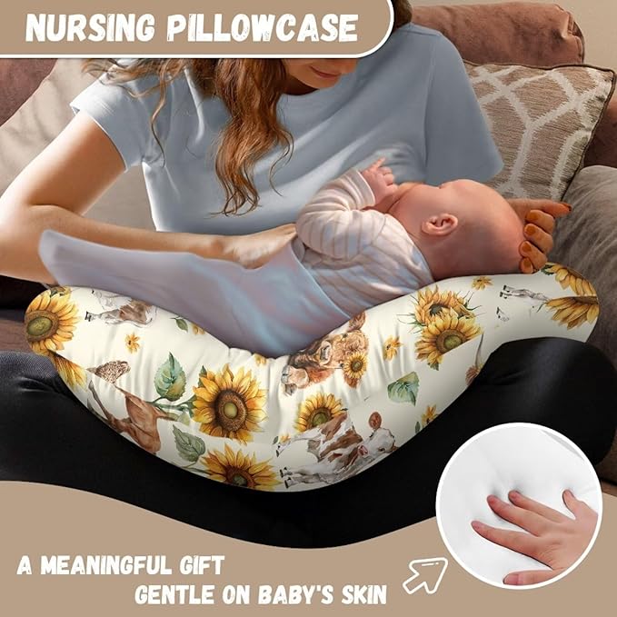 Highland Cow Sunflower Baby Nursing Pillow Cover, Removeable Breastfeeding Pillow Slipcover, Nursing Pillow Case for Newborn Boys Girls, Soft Fabric Fits Snug On Infant, Washable & Breathable