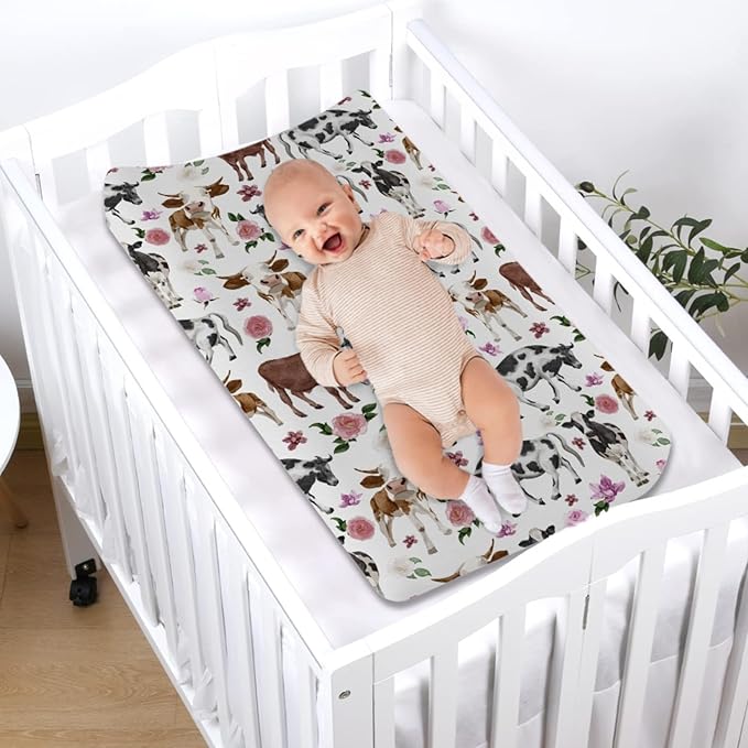 Cows Boho Retro Floral Changing Pad Covers Watercolor Farm Cow Flowers Diaper Change Table Sheets for Boys Girls Soft Stretch Changing Table Mats Sheets 32''x16''