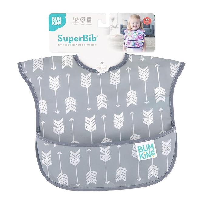 Bumkins Bibs for Girl or Boy, SuperBib Baby and Toddler for 6-24 Months, Essential Must Have for Eating, Feeding, Baby Led Weaning Supplies, Mess Saving Catch Food, Waterproof Soft Fabric, Gray Arrows