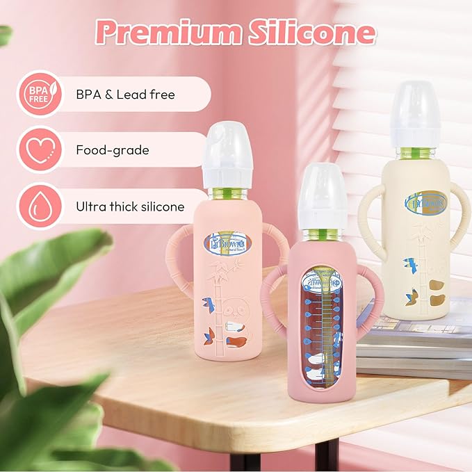 MINMUNJIU 3 Pack Silicone Sleeves for Dr. Brown's Glass Baby Bottles, Anti Breakage Baby Bottle Holder with Handles for Baby Girls, Compatible with Dr. Brown's Glass Baby Bottle, 8 oz/250 mL