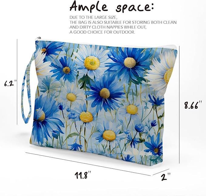 Fokongna Floral Print Wet Bag, Small Portable Waterproof Multi-Functional Organizer for Women, Blue Yellow Daisy, Ideal for Daily, Beach & Travel