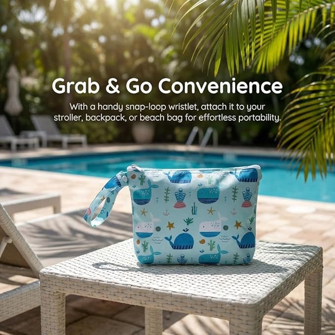 Waterproof Wet Bag with Wrist Strap, Reusable Zippered Pouch for Beach, Swim & Travel, Compact Cosmetic Toiletry Organizer Bag, 7.9 * 9.5 * 2 inches