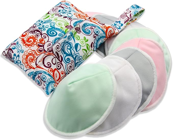PINOWU Women’s Nursing Pads - 8 Washable Pads + Wet Bag + Wash Bag, Breastfeeding Nipple Pads for Maternity - Reusable Nipplecovers for Breast Feeding (Pastel Touch, Large 4.7")