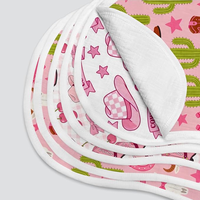 6 Pack Baby Burp Cloths, 100% Cotton Crinkle Muslin with Pink Western Cowgirl & Cherry Print, Large Soft & Absorbent Washcloths, Perfect Newborn Baby Girl Shower Gift