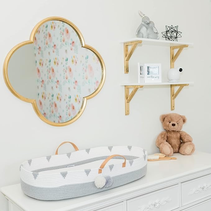 Vesta Baby Woven Cotton Rope Moses Changing Basket - Portable Infant Nursery Dresser Table Topper with Soft Foam Pad & 2 Washable Bamboo Waterproof Covers for Easy Diaper Change - Boho Gray & Beige