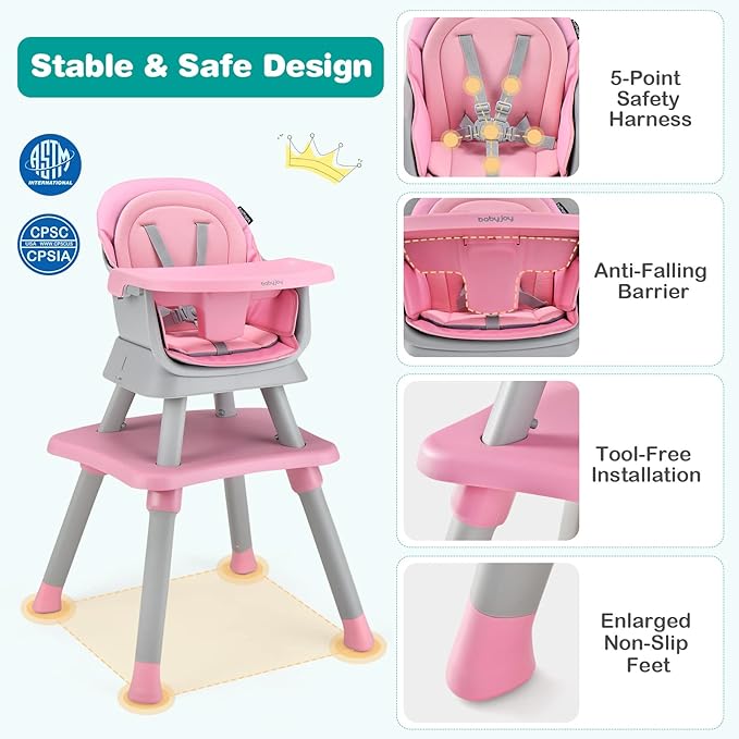 GLACER Convertible High Chair - 8 in 1 Adjustable Baby High Chair w/Removable Tray, Dual Cushions, Activity Table and Chair Set, Booster Seat, Stool, High Chairs for Babies and Toddlers