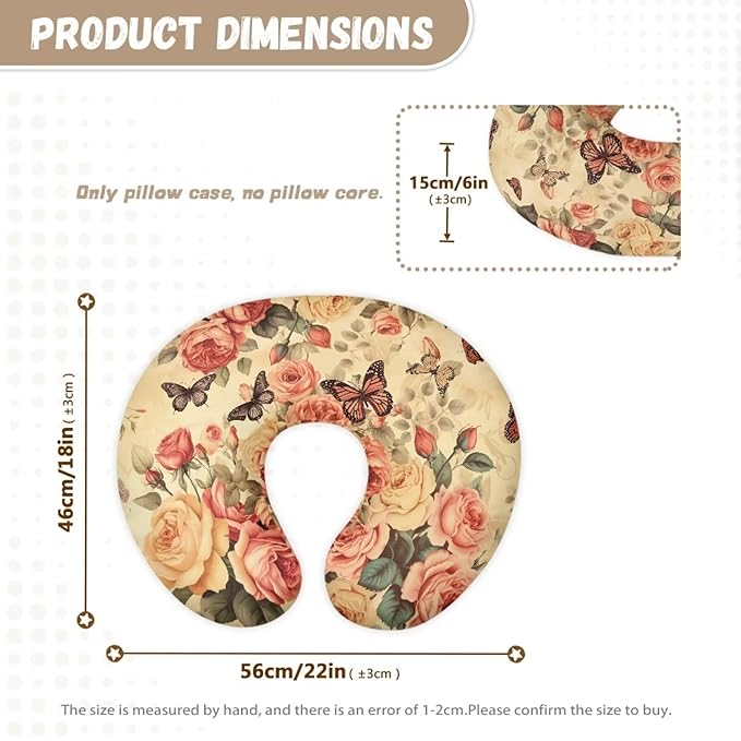 Retro Butterfly Roses Nursing Pillow Support Cover with Hidden Zipper Portable Comfortable Breastfeeding and Bottle Feeding Nursing Pillowcase for Nursery Room Car Decor