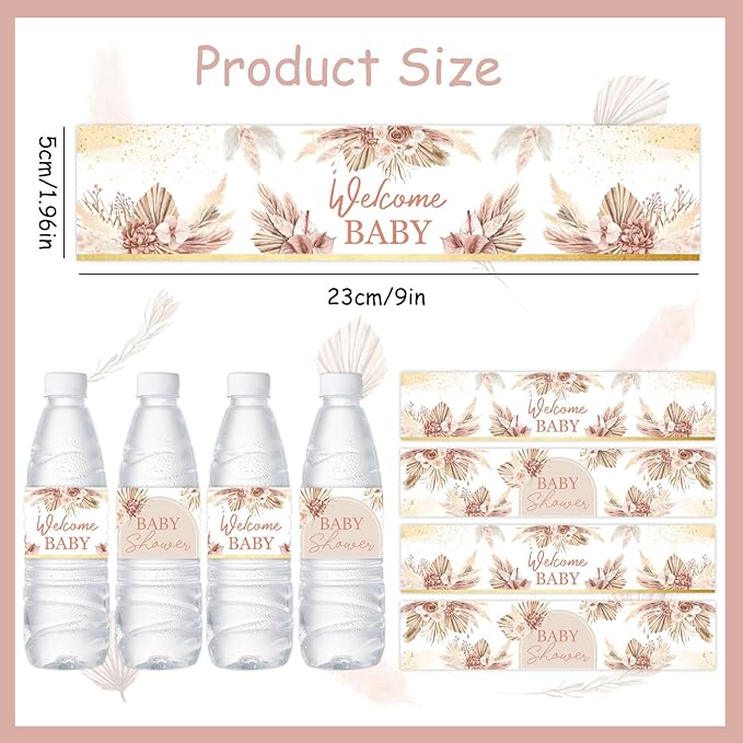 24PCS Pampas Grass Baby Shower Water Bottle Labels, Boho Baby Shower Waterproof Self Adhesive Water Bottle Labels for Boho Pampas Decorations
