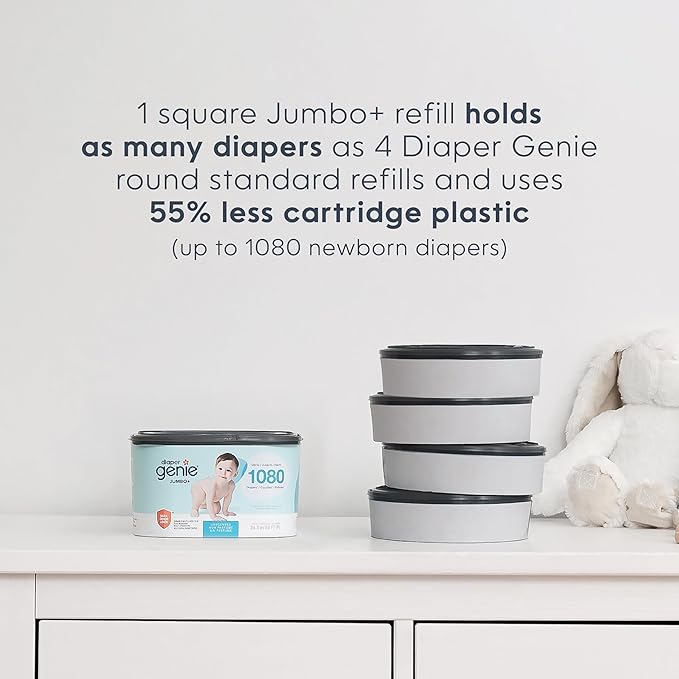 The Diaper Genie Jumbo+ Square Refill,with continuous film,can hold up to 1080 newborn-sized diapers per refill.,(Pack of 12)