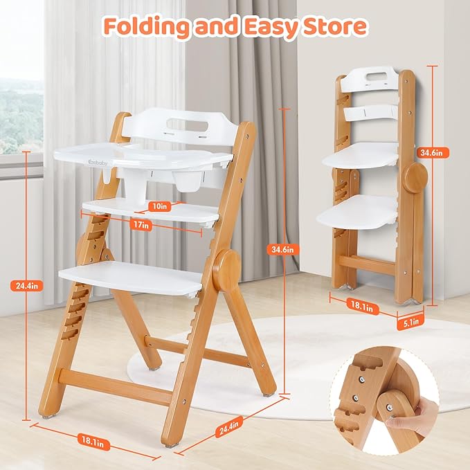 Ezebaby Wooden High Chair for Babies and Toddlers, Foldable High Chair with Adjustable Seat Height and Footrest, Grows with Your Child, Cushion and Large Double Layer Tray(White)