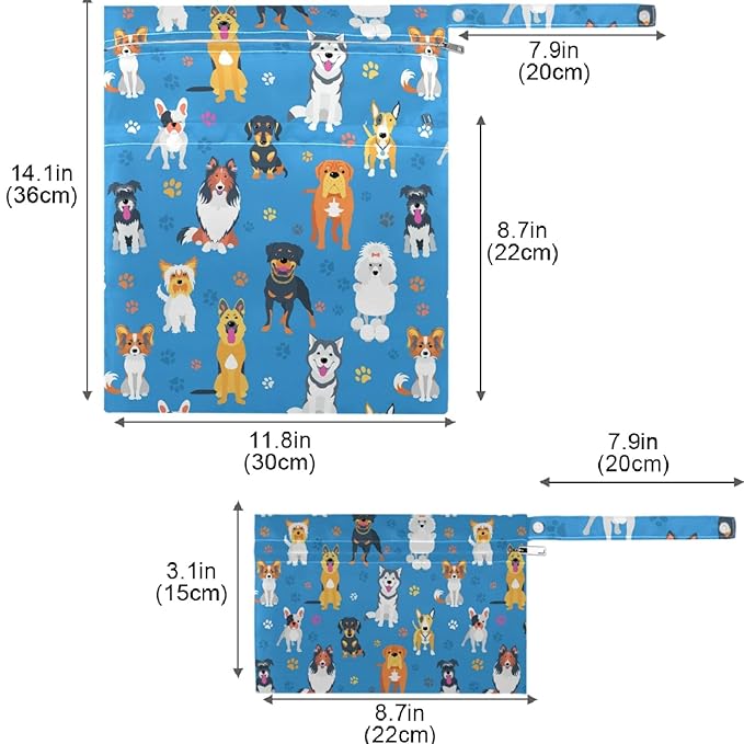 visesunny Funny Asorted Dog and Footprint 2Pcs Wet Bag with Zippered Pockets Washable Reusable Roomy for Travel,Beach,Pool,Daycare,Stroller,Diapers,Dirty Gym Clothes, Wet Swimsuits, Toiletries