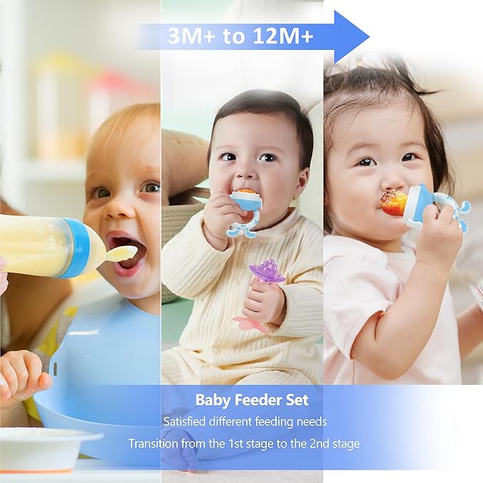 Baby Fruit Feeder Pacifier | 2 Infant Food Feeder Pacifier & 2 Baby Food Dispensing Spoon | Fresh Fruit Teethers for Babies | Silicone Feeder Babies,Infant Teething Feeders (Blue-Rabbit)