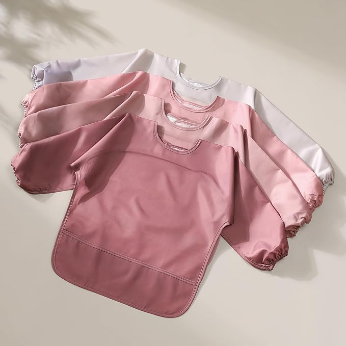 POIKSHARK 4 Pack Long Sleeve Bib, Reusable Bib with Catch-all Pocket