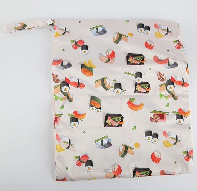 Wet Dry Bag Baby Cloth Diaper Nappy Reusable Washable With Two Zippered Pockets (Sushi Mushroom)