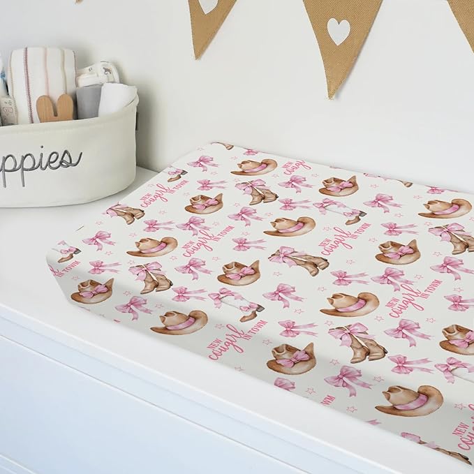 Baby Girls Changing Pad Covers Western New Cowgirl in Town, Pink Bow Ribbon Boot Hat Safe Snug Fitted Diaper Table Sheet, Soft Breathable Stretchy Change Mat Shower Gift Fit 32 34 x 16