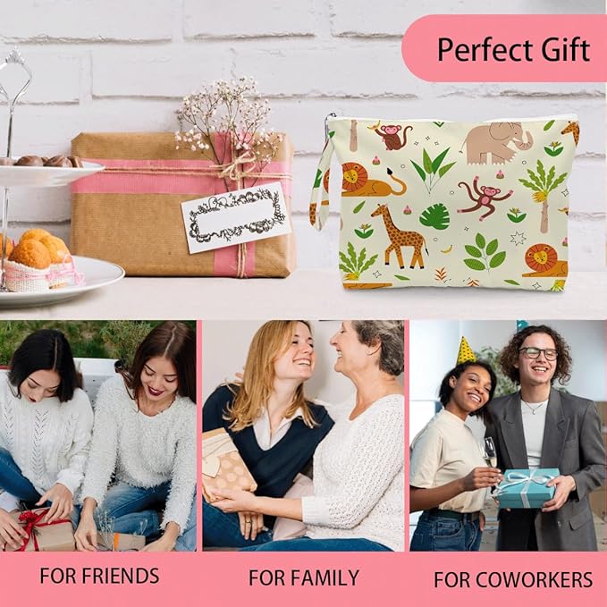 Wet Dry Bag, Wet Bag for Swimsuit, Diaper Sunscreen Large Zipper Pouch Waterproof Pouch, Beach Bags for Women, Gifts for Ladies Girls Friends Colleagues and Sisters, Patterns of Monkeys Elephants etc.