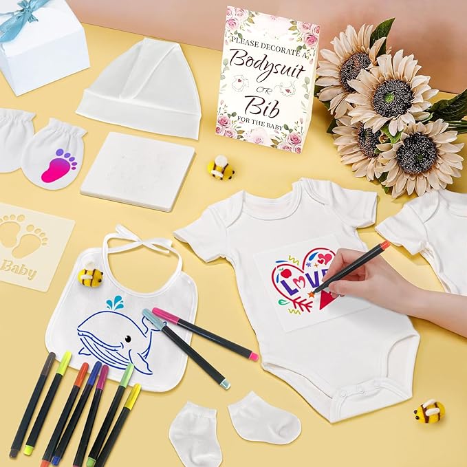 78PCS Baby Bib Bodysuit Baby Shower Set Baby Shower Game Sign Baby Feede Bib Newborn Bodysuit Fabric Marker