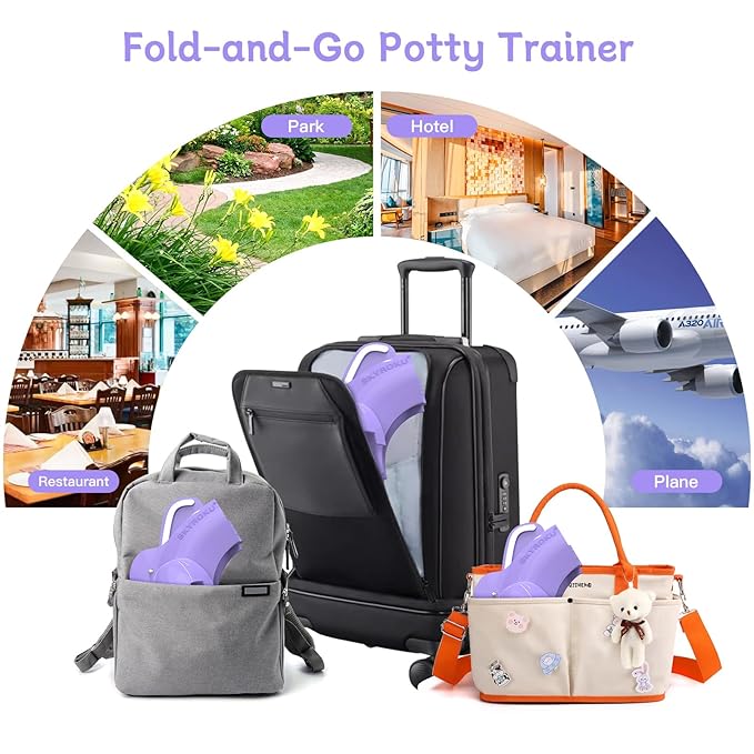 Foldable Travel Potty Seat for Toddler, Portable Toilet Training Seat for Kids on The Go, Fits Round & Oval Toilets with Non-Slip Base & Travel Bag for Car Airplane Essentials, Purple