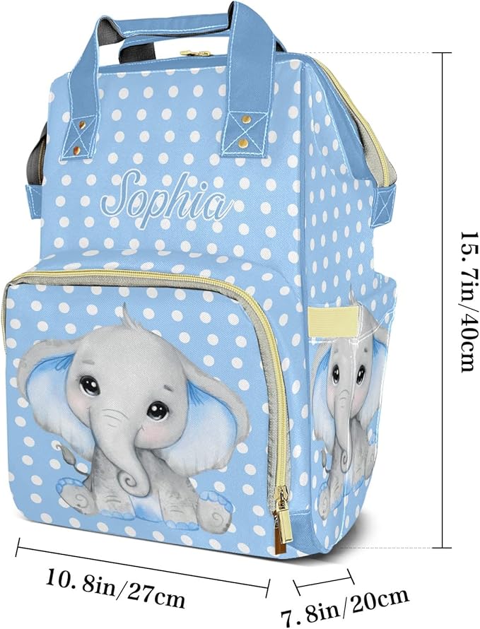 Elephant Polka Dot Blue Diaper Backpack with Name Custom Backpack Mommy Nappy Baby Bag Waterproof Casual Travel Daypack Tote Bag for Mom Dad