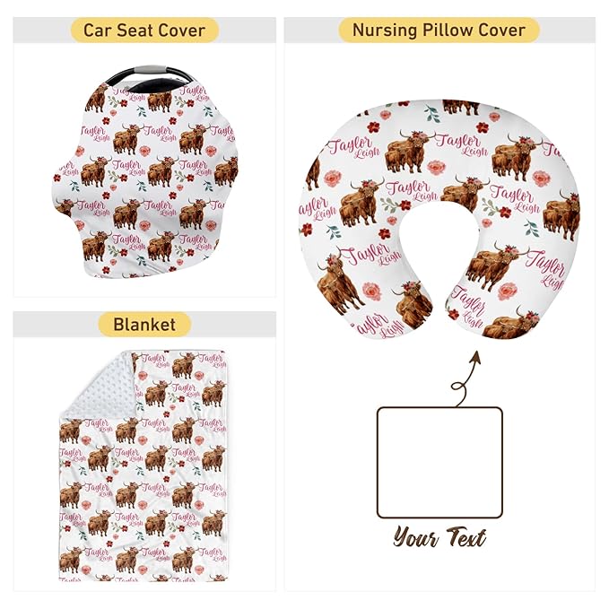Baby Nursing Pillow Cover - Personalized Name Breastfeeding Pillow Cover with Highlands Cattle Pattern, Stretchy Removable U-Shaped for New Moms, Soft Breathable Slipcover for Infant Boys Girls