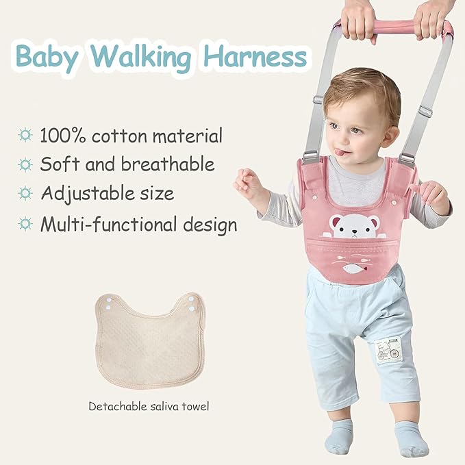 Baby Walking Harness Handheld Baby Walker Assistant Belt Adjustable Toddler Infant Walker Harnesses Standing Up and Walking Learning Helper with Detachable Crotch for 9-24 Month (Pink)