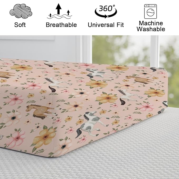 Watercolor Horse Boho Floral Changing Pad Cover Cute Horses Baby Diaper Change Table Pad Cover for Boys Girls Soft Breathable Stretch Snug Fitted Diaper Changing Mat Sheets Covers 32''x16'' Pink