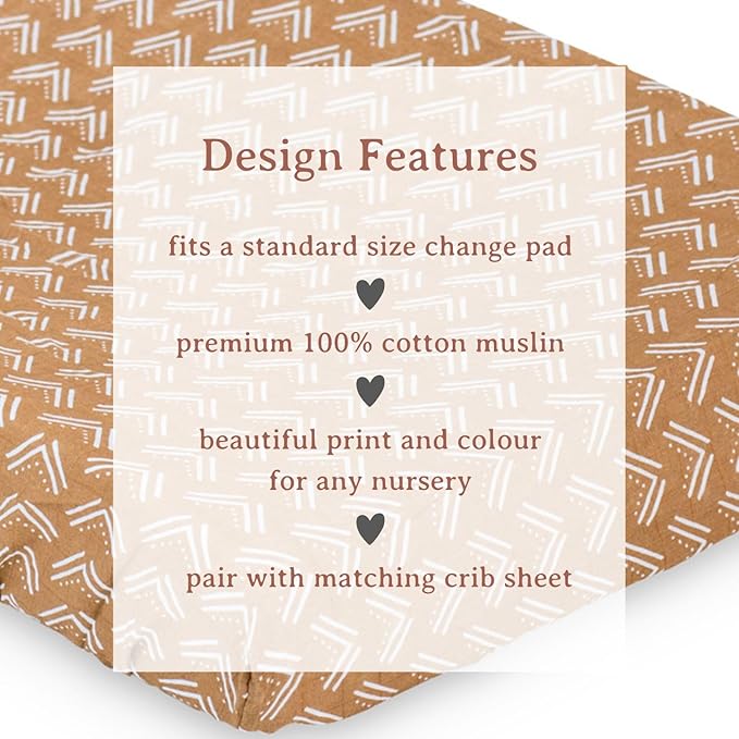 lulujo Baby Changing Pad Cover 100% Cotton Muslin Fitted Standard Size, 32 x 16 Inches, Mudcloth