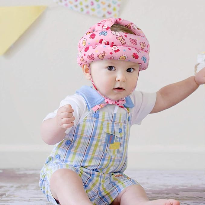 Baby Safety Helmet+2 Pairs Baby Crawling Knee Pads, Soft Comfortable Adjustable Baby Head Protective Cap Hat, Toddler Anti-Slip Knee Pads, for Baby Toddler Sitting Walking Climbing Running (Pink)