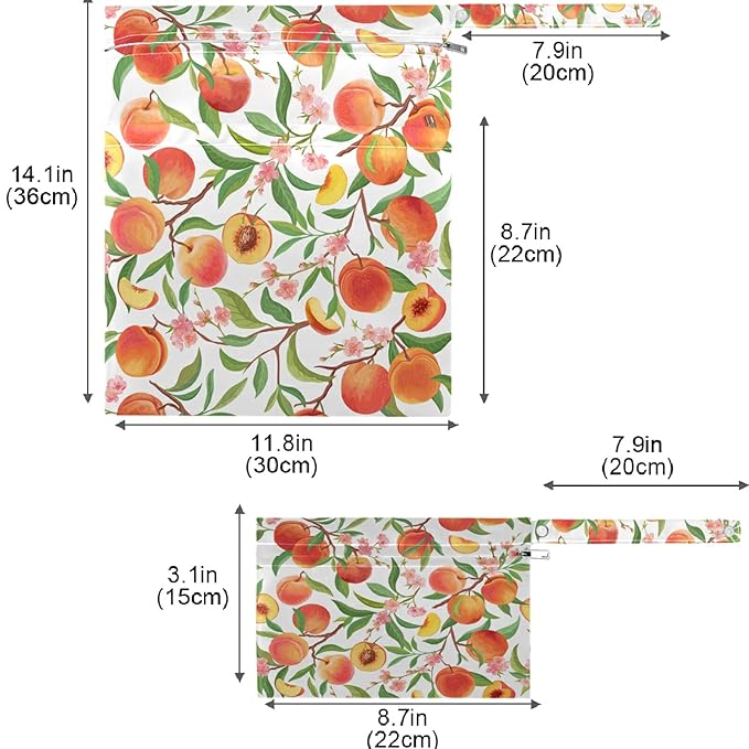 visesunny Peach Tropic Fruit Leaf Flower 2Pcs Wet Bag with Zippered Pockets Washable Reusable Roomy Diaper Bag for Travel,Beach,Daycare,Stroller,Diapers,Dirty Gym Clothes,Wet Swimsuits,Toiletries