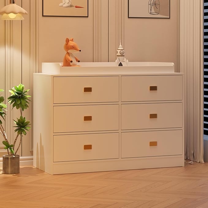 GarveeHome Dresser for Bedroom with 6 Drawers, Changing Table Dresser with Power Outlets, Soft Changing Pad & Removable Top, Baby Dresser with Changing Table Top for Nursery, White