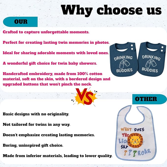 Twin Bibs – Ultra-Soft Cotton Yarn Twin Baby Bibs - 'Drinking Buddies' Design, High Absorbency, Perfect Infant Gift