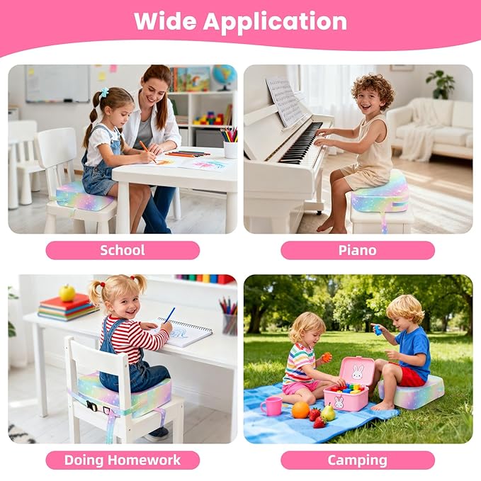 Toddler Booster Seat for Dining Table Kitchen Chair, Kids Booster Seat with Non-Slip Bottom and Adjustable Straps, 4" Detachable Washable Portable Travel Increasing Cushion (Rainbow)