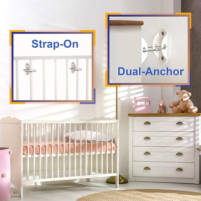 4our Kiddies Furniture Anchors (10 Pack), Furniture Straps for Baby Proofing, Secure 400 Pound Furniture to Wall Prevent Falling, Anti Tip Earthquake Straps for Child Safety (White)