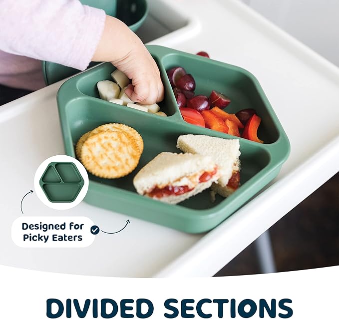 Tiny Twinkle Silicone Suction Baby Plate, Suction Grip Divided Dish for First Foods and Self-Feeding Toddlers, Baby Led Weaning Supplies for Independent Eating (Olive Plate with Lid)