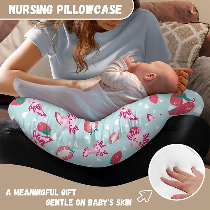 Strawberry Axolotl Nursing Pillow Cover Cozy Nursing Slipcover Soft Breastfeeding Pillow Slipcover Nursing Pillow Case Skin-Friendly U-Shaped Hidden Zipper Design