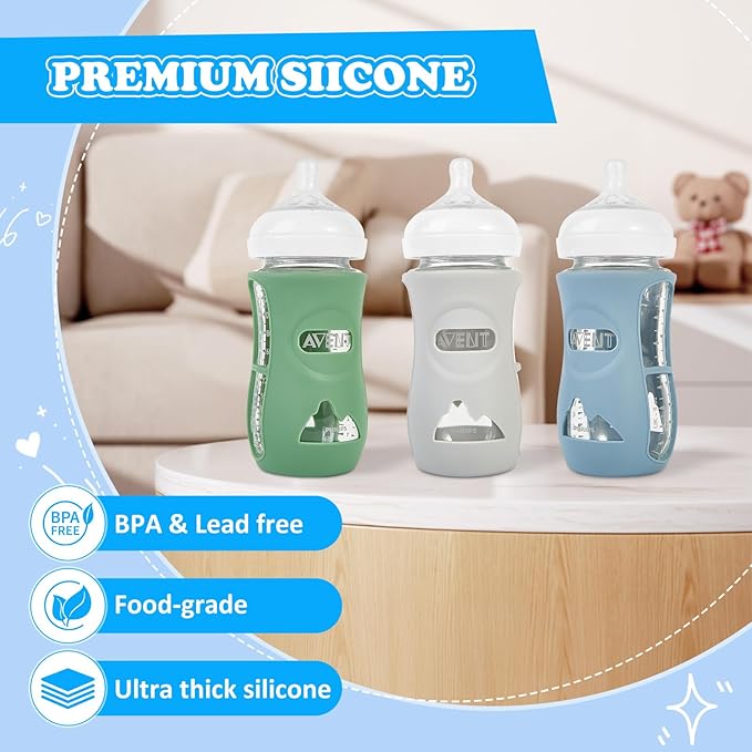 MINMUNJIU 3 Pack Silicone Sleeves for Philips Avent Natural Glass Baby Bottles, Anti Breakage Baby Bottle Holder for Baby Boys, Compatible with Philips Avent Glass Natural Baby Bottle, 8oz