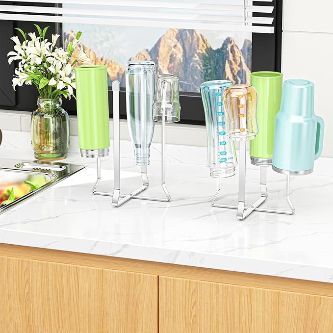 Bottle Drying Rack Reusable Drying Rack for Bottles Metal Foldable Water Bottle Dryer Holder Space Saving Cups Dryer Racks Kitchen Stand Holder for Plastic Bags, Bottles and Cups (Silver, 2PCS)