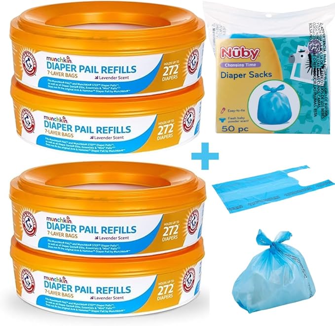 Munchkin A&H Diaper Pail Refill Rings, 4-Pack Holds Up to 1,088 Diapers Total + 50 Diaper Sacks, Lavender Scent, 7-Layer Bags,