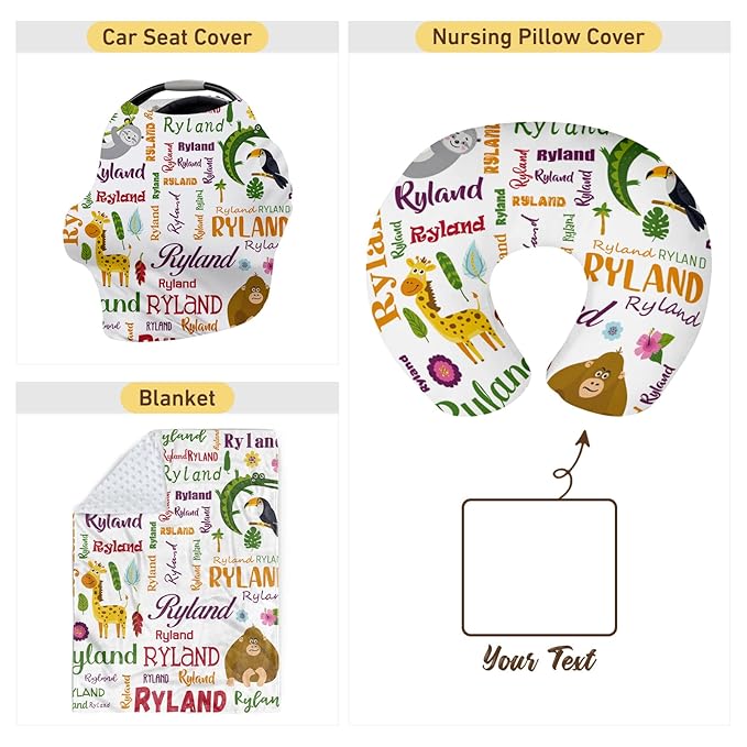 Baby Nursing Pillow Cover - Personalized Name Breastfeeding Pillow Cover with Animals Pattern, Stretchy Removable U-Shaped for New Moms, Soft Breathable Slipcover for Infant Boys Girls