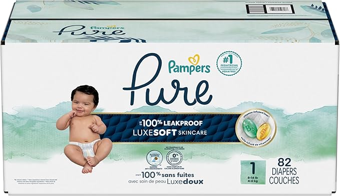 Pampers Pure Baby Diapers, Size 1 (8-14 lbs), 82, Up to 100% Leakproof, Premium Hypoallergenic Soft Diapers