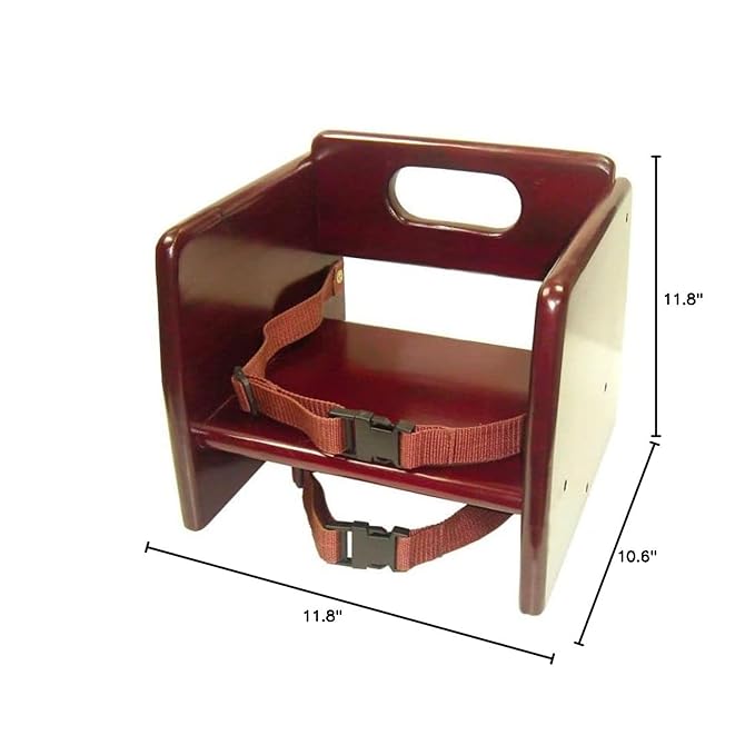 TrueCraftware – 17" Children Booster Seat, Mahogany Wood Finished Rubber Wood with Harness Straps Seat Back Support Maximum Knock-Down Package, Stackable Booster Seat for Dining Table
