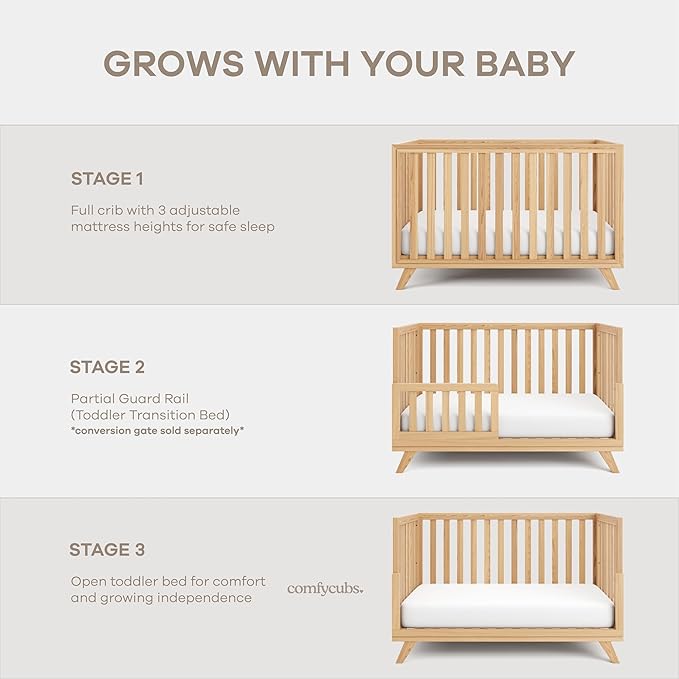 Comfy Cubs Crib Conversion Kit for Toddlers – Easy Assembly Toddler Bed Guard Rail for Ages 15 Months+, 100% Solid Rubber Wood Convertible Crib Kit – Safe & Secure Bed Rail – Wood, 53.5 x 13 x 1in