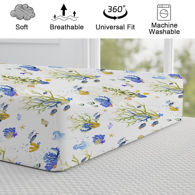 Colorful Undersea Changing Pad Covers Ocean Fishes Jellyfish Sea Weeds Diaper Change Table Pad Sheets for Boys Girls Nautical Marine Life Soft Stretch Fitted Changing Mat Sheets 32''x16''