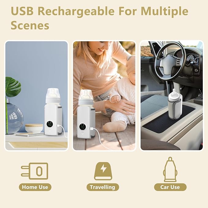 KOCASO Portable Bottle Warmer for Baby - 6 Heating Levels Rechargeable, Keeps Warm 5 Hours, Compatible with All Bottles, Ideal for Breastmilk and Formula on The Go for Home/Family Travel