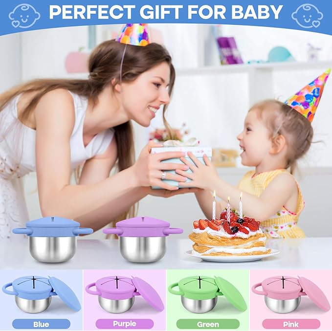 2-Pack Stainless Steel Snack Cup for Toddlers Spill-Proof, Baby Food Containers with Removable Silicone Lids & Handles | Dishwasher Safe, BPA-Free On-the-Go Kids Snack Containers Box